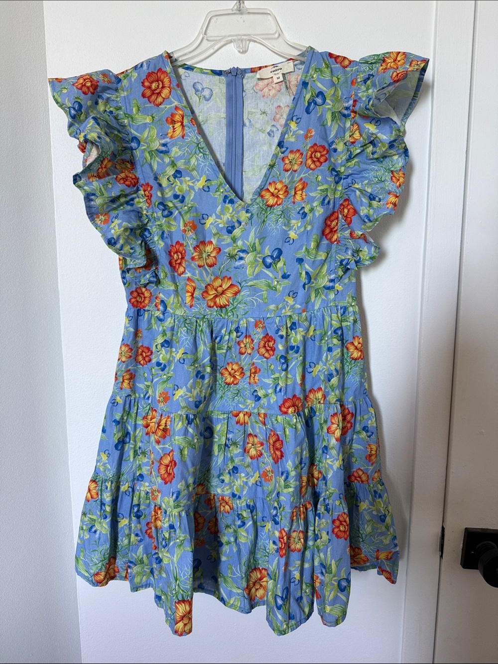 Like new: Entro Blue Floral Ruffle Tiered Dress with Orange Accents